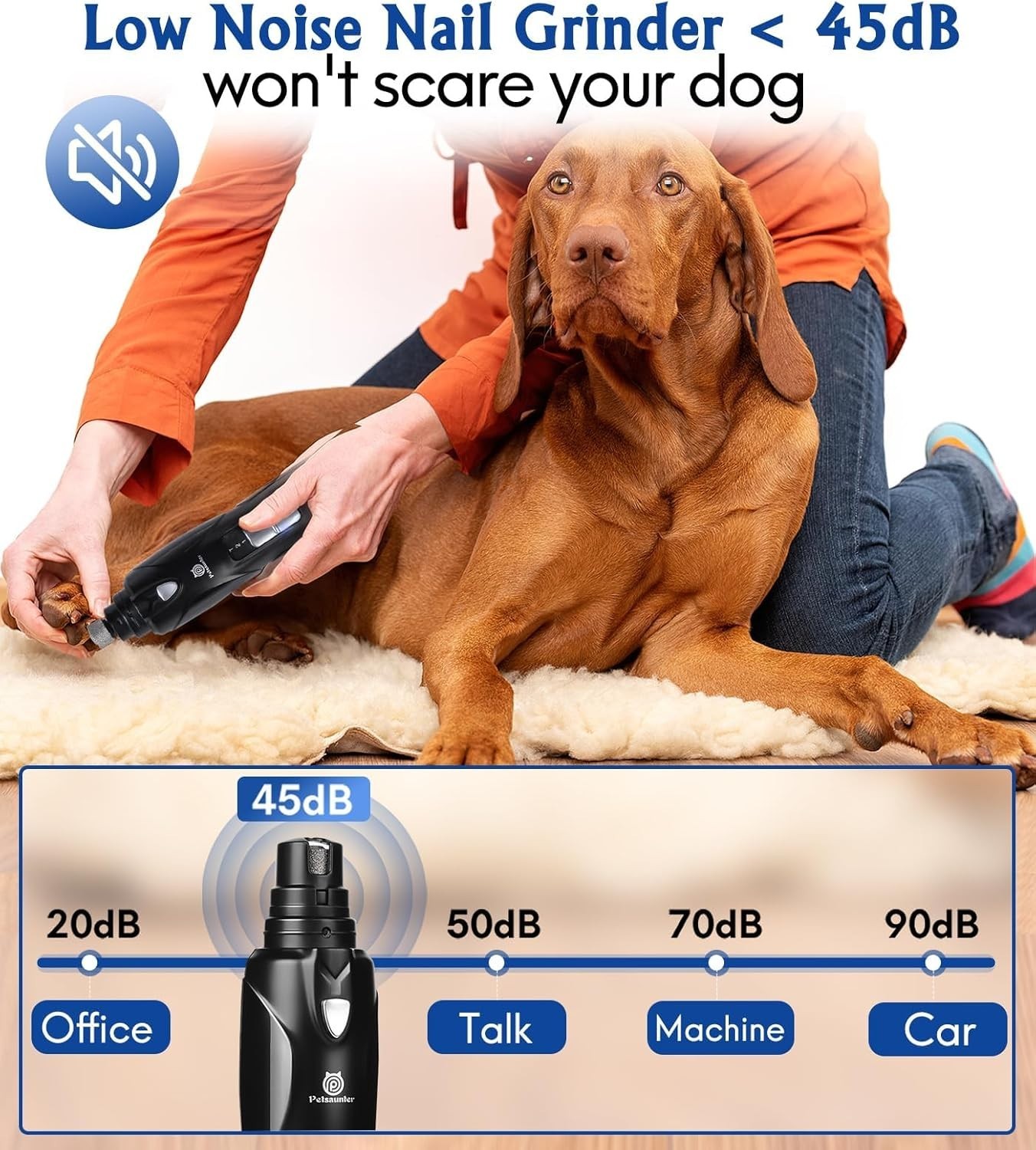 Dog Nail Grinder 2-Speed LED Light Quiet Low-Vibration Large Small Pets
