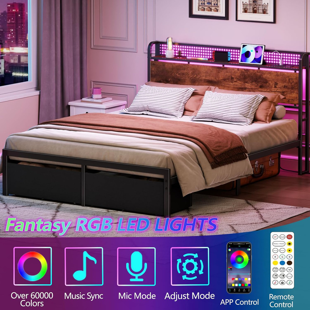 Queen Size Bed Frame with Headboard Storage, Platform Bed Frame Queen Size with