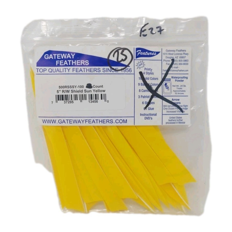 25 Count Gateway Archery Arrow Feathers 5" Right Wing: Shield Sun Yellow