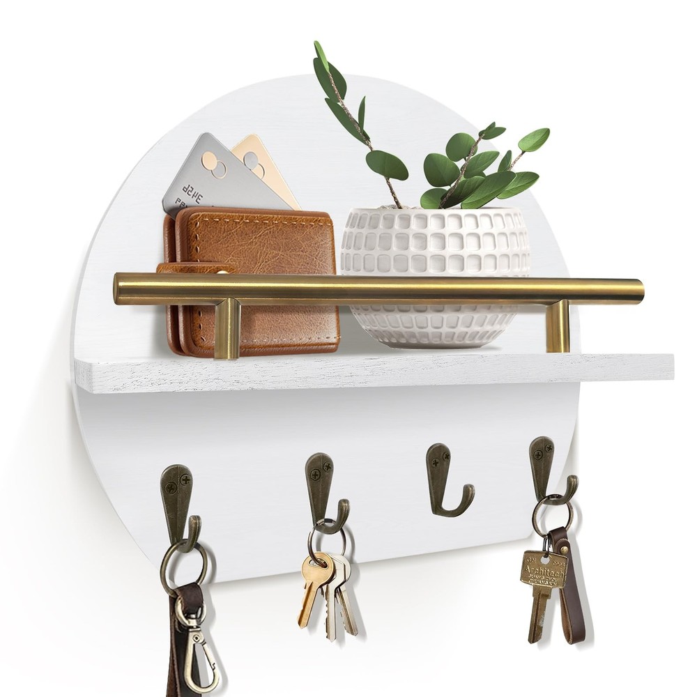 Wall Mount Key Holder Mail Organizer Shelf 4 Hooks Semicircle Rustic Decor