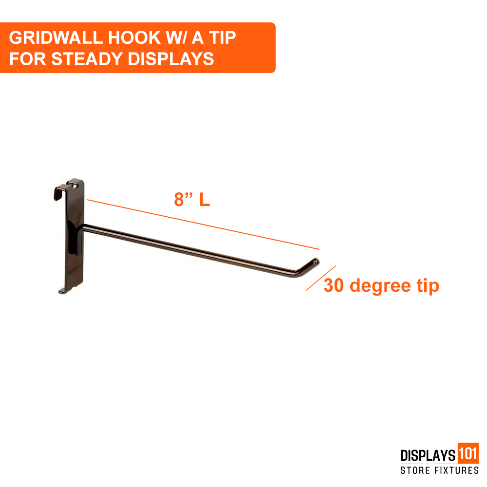 8" Gridwall Hooks | 100-Pack Black Hooks For Grid Panel Displays - NEW