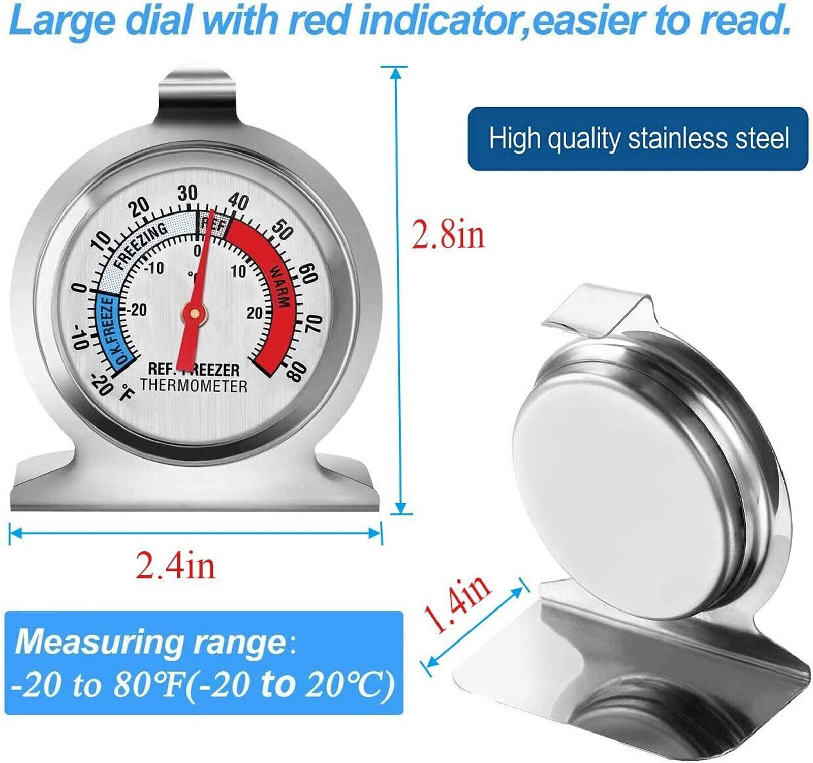 4*Refrigerator Freezer Thermometer Fridge DIAL Type Stainless Steel Hang Stand