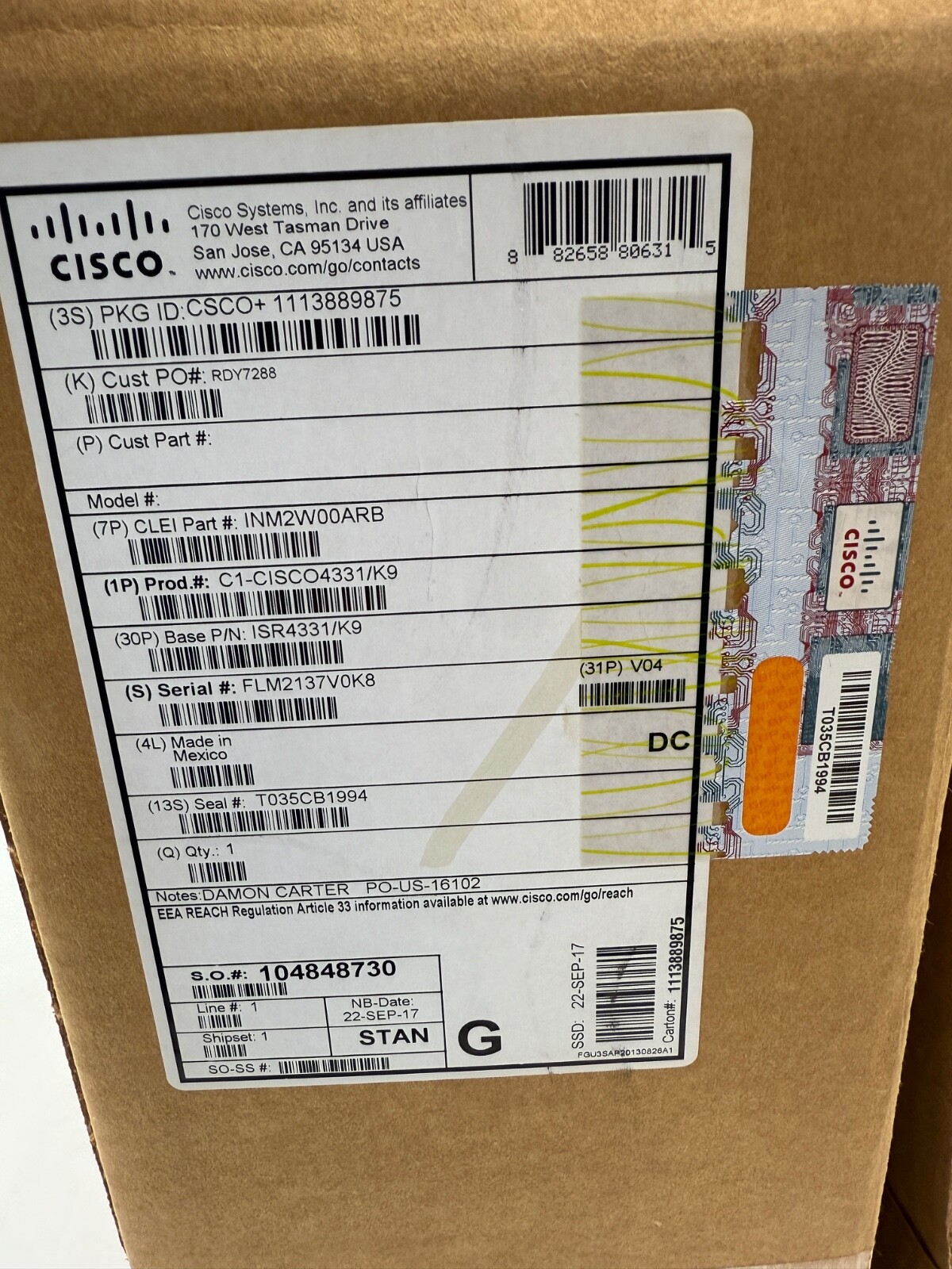 NOB Cisco ISR4331/K9 Integrated Services Router with PWR-4330-POE-AC installed