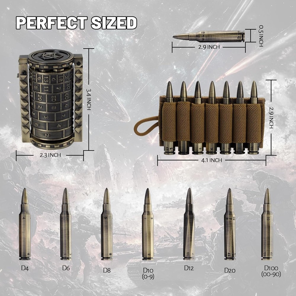 Rifle Bullet Dice Set - Solid Metal 7 Polyhedral Dice Set with Spinning Conta...