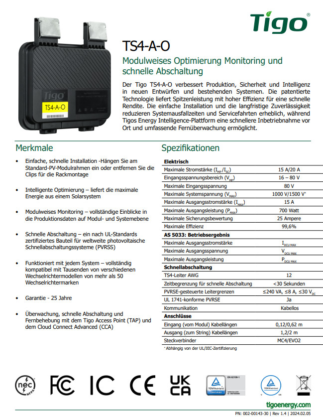Tigo TS4-A-O Yellow Module Optimizer 700W / 15A MC4 PV Power Optimizer