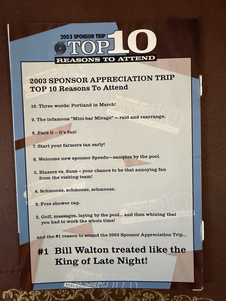 Program From blazers 2003 Sponsor Appreciation Trip. Signed By Bill Walton