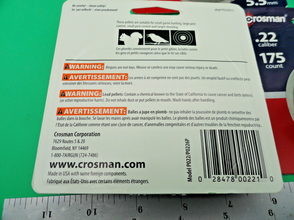 (3pcs) CROSSMAN .22 CALIBER POINTED 175 COUNT PELLETS