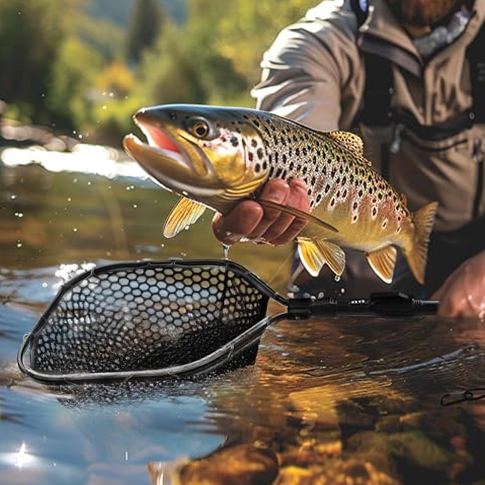 Folding Fly Fishing Landing Net Rubber Safe Catch Release Silicone Fish Nets