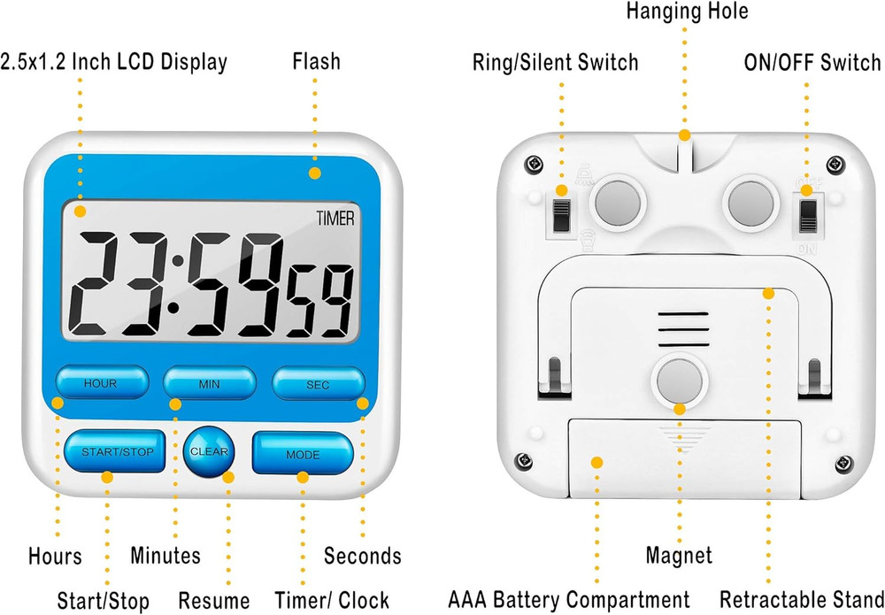 Digital Kitchen Timer with Mute/Loud Alarm Switch On/Off Switch, 12-Hour Clock &