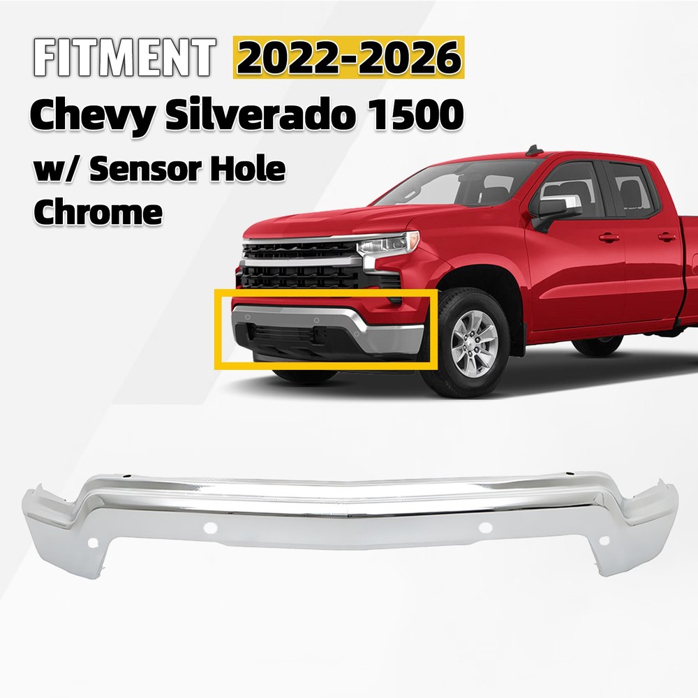 Front Bumper Face Bar w/ Sensor Hole Chrome For 2022-2026 Chevy Silverado 1500