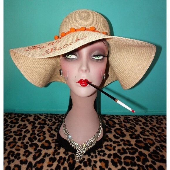 Vintage Feelin' Beachy Ivory Woven Sun Hat with orange pom pom fringe pinup
