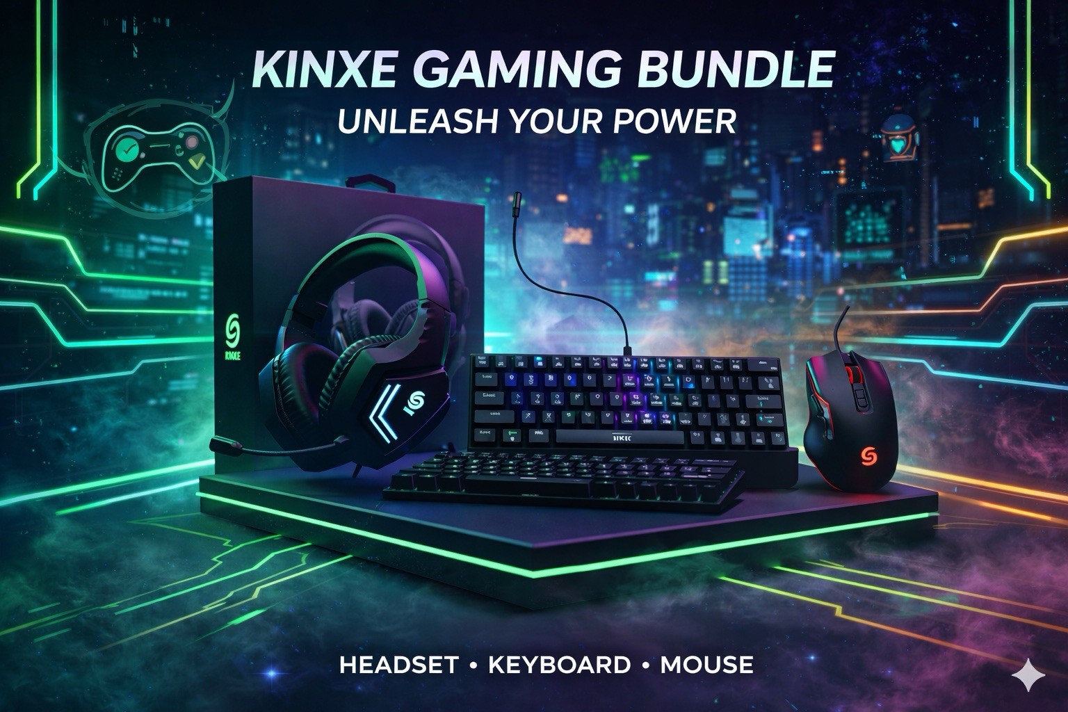 Gaming Keyboard and Mouse with Headset - Black