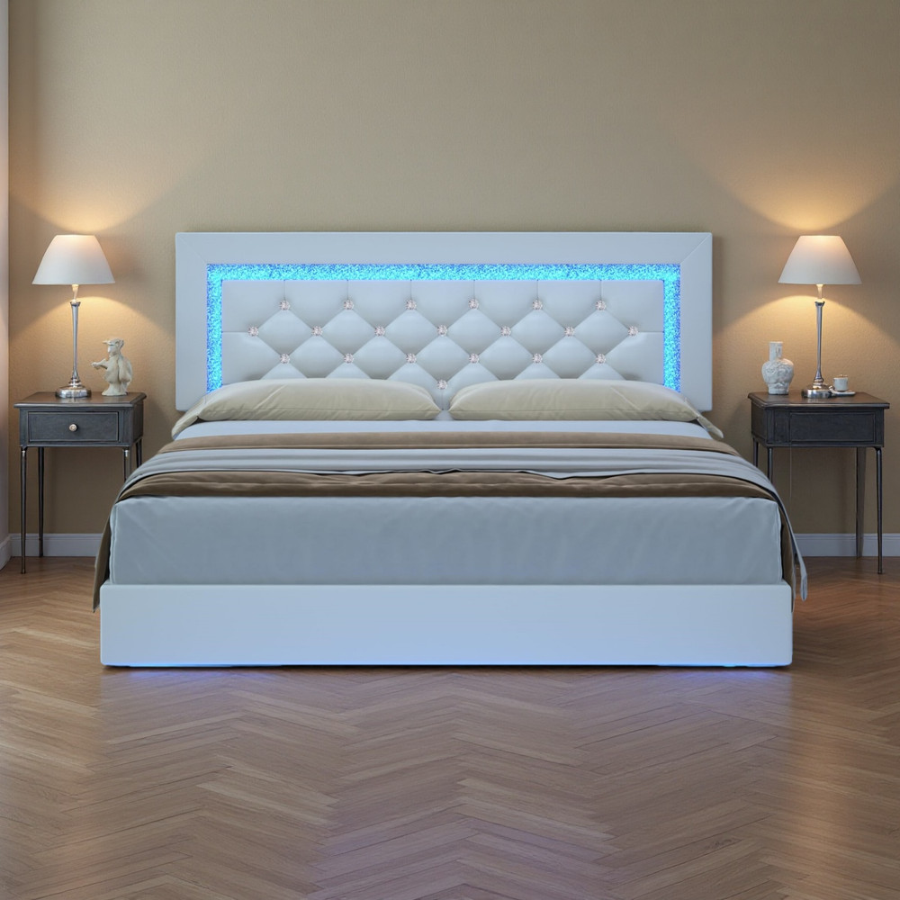 LED Floating Bed Frame Full Size Platform Bed w/ PU Upholstered Headboard Beige