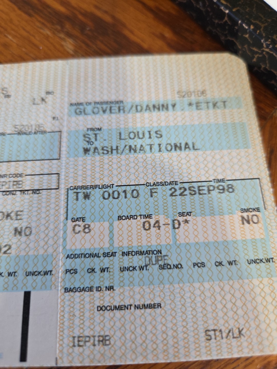 Danny Glover Autographed Boarding Pass