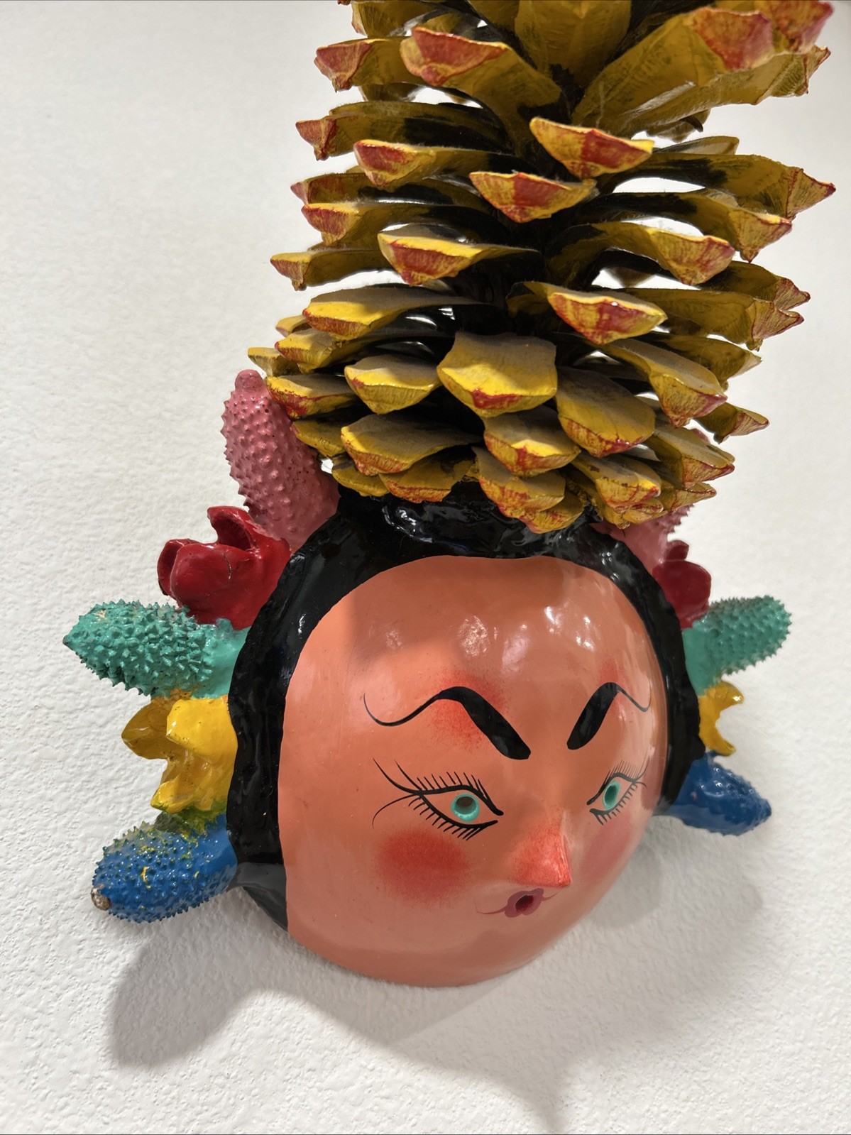 Rare Vintage Mexican Folk Art Coconut Mask With Cactus Seedpod Braids & Pinecone