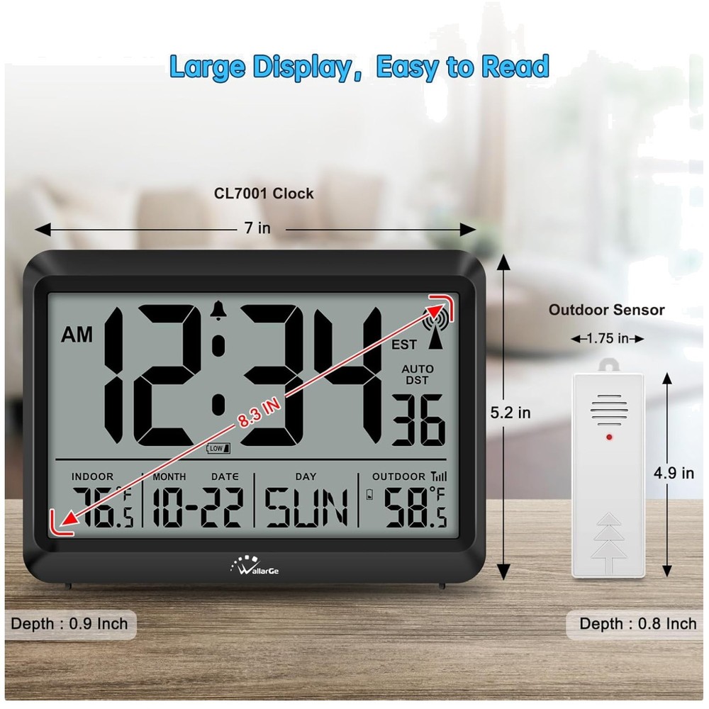 Modern Atomic Wall Clock - Self-Setting, Indoor Outdoor Temp