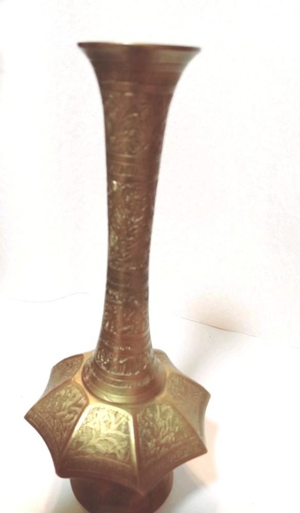 Signed SEW India Middle Eastern Solid Brass Metal Engraved Vase 8" Tall
