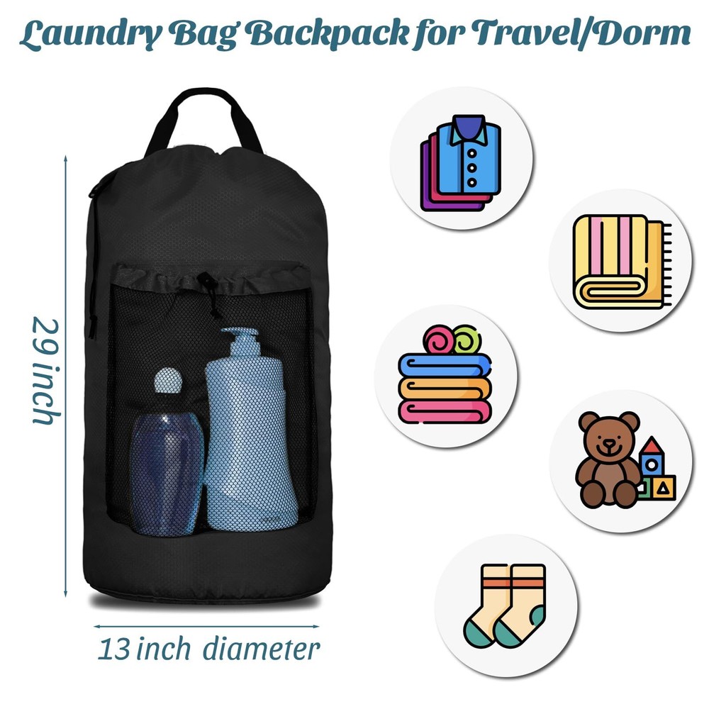 Laundry Backpack Travel Bag with Adjustable Shoulder Straps Mesh Pockets