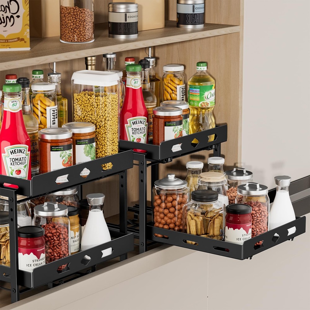 2-Tier Pull Out Spice Rack Organizer for Cabinet, Adjustable Height, Black