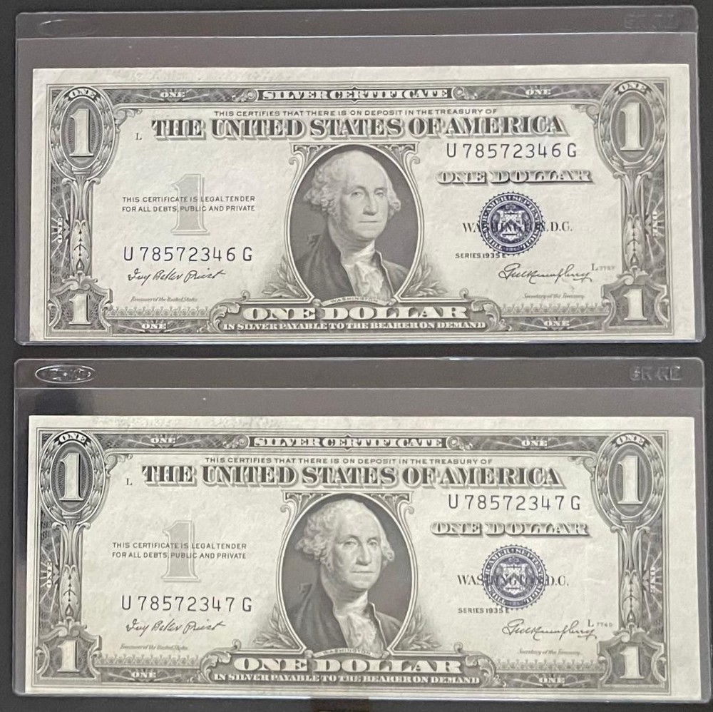LOT of 2 1935 E US $1 SILVER CERTIFICATE Consecutive Serial #s ERRORS