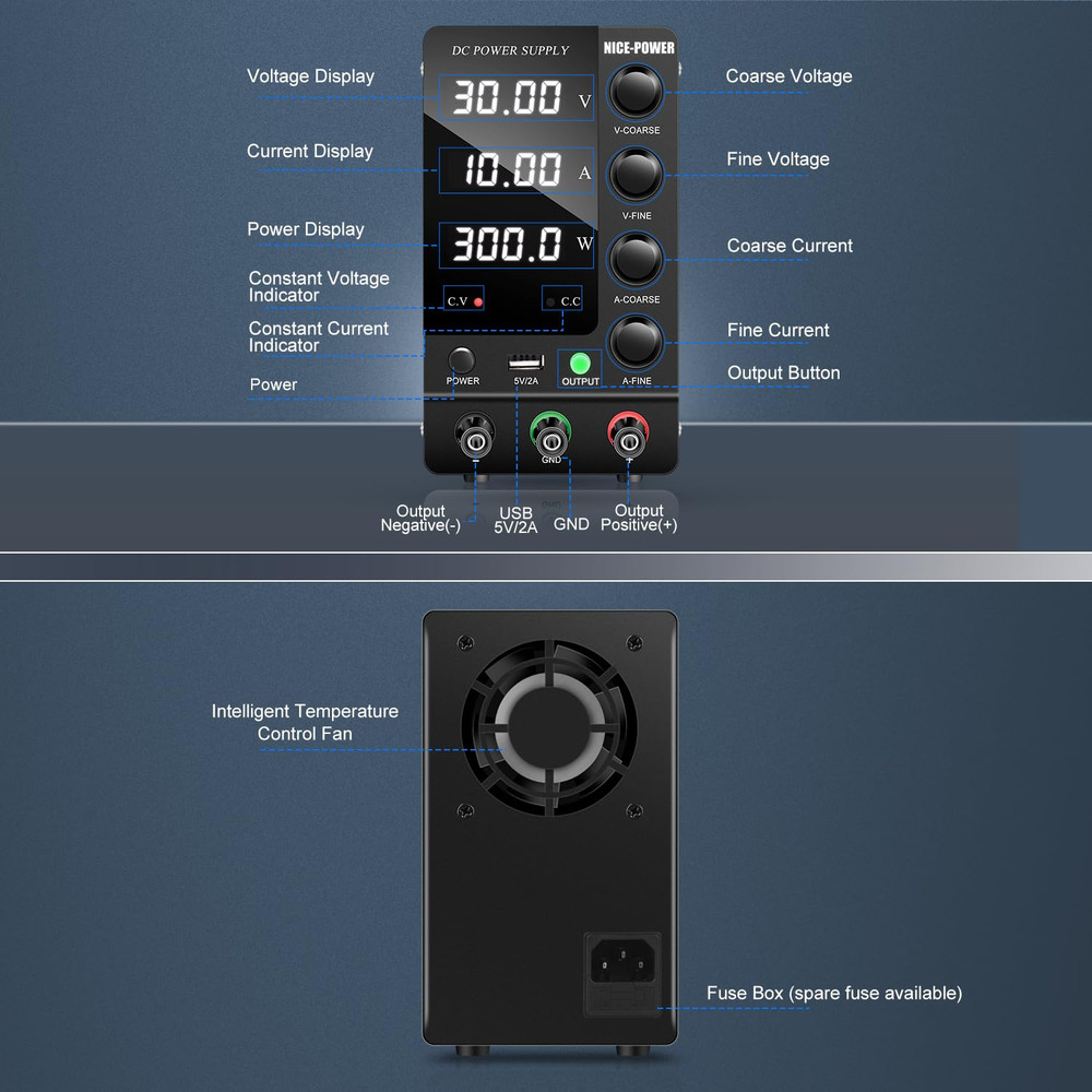 DC Power Supply Variable 30V 10A, Adjustable Switching Regulated DC Bench Power