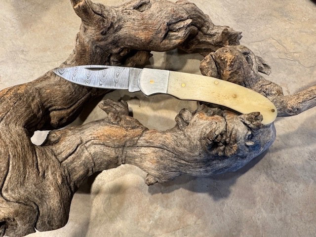 Big Damascus folding blade knife w/ white bone handle