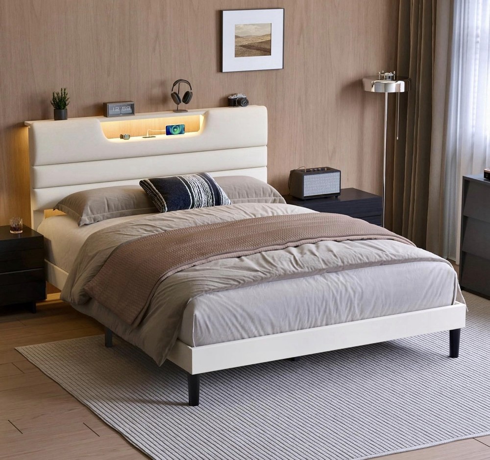 Queen Platform Bed Frame Beige LED Lights Charging Station Storage Headboard