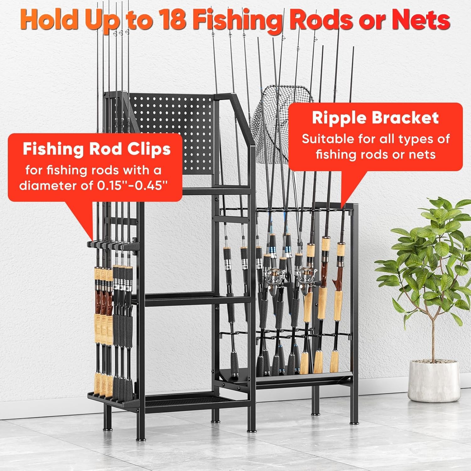 Garage-Specific Fishing Rod Rack Holds up to 18 rods Three adjustable tiers