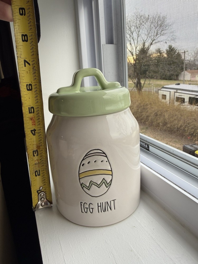 Rae Dunn Ceramic Cookie Jar with Lid, Easter Egg Pattern, White Green, 6.5 in