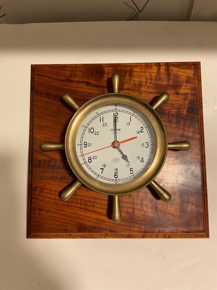 Solid Brass Maritime Ships Wheel Classic Clock Wooden Base