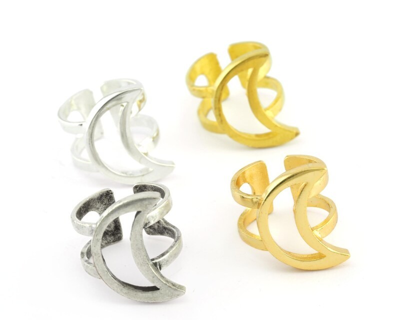 Adjustable Crescent Moon Ring, Raw Brass, Silver, Gold Finish -BA12