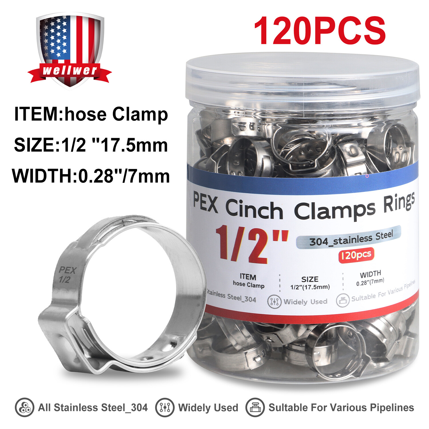 120Pcs 1/2" PEX Stainless Steel Clamp Cinch Rings Crimp Pinch Fitting