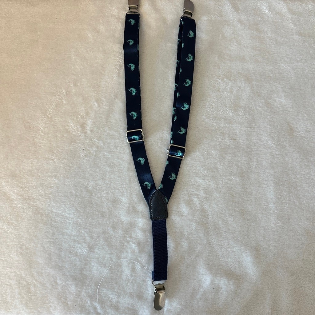 Boys Navy Teal Fish Print Suspenders Y-Back Adjustable Preppy Faux Leather