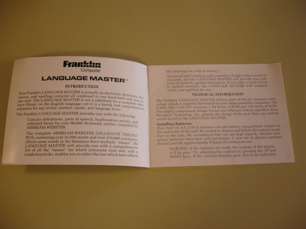 Franklin Language Master LM-2000 Dictionary Thesaurus w/ Manual 1987 EUC Tested