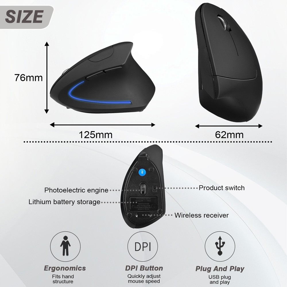 Rechargeable Ergonomic Mouse, Wireless & Bluetooth Vertical Mouse Multi-Purpose