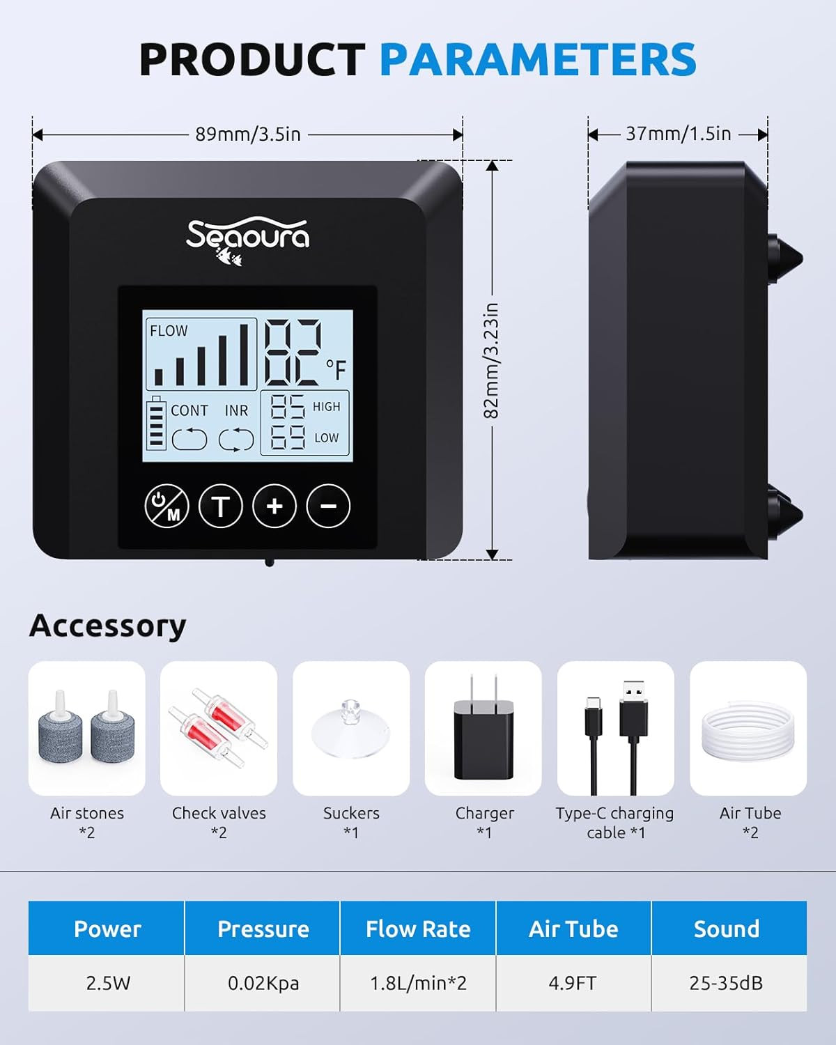 USB Rechargeable Portable Aerator Fish Tank with Digital Thermometer, Battery Po