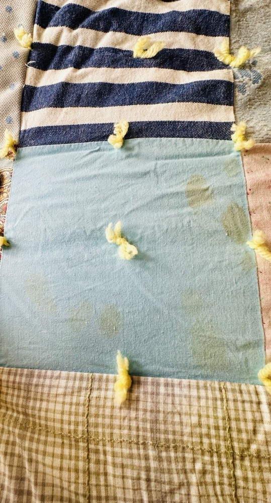 Vintage Patchwork Squares Handmade Bed Quilt 74” X 87” Yellow