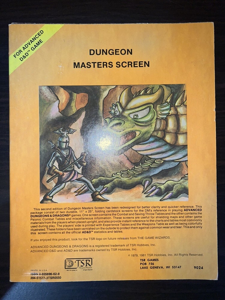 1981 Advanced Dungeons & Dragons TSR9024 Dungeon Master Screen 2nd Ed 1 Screen