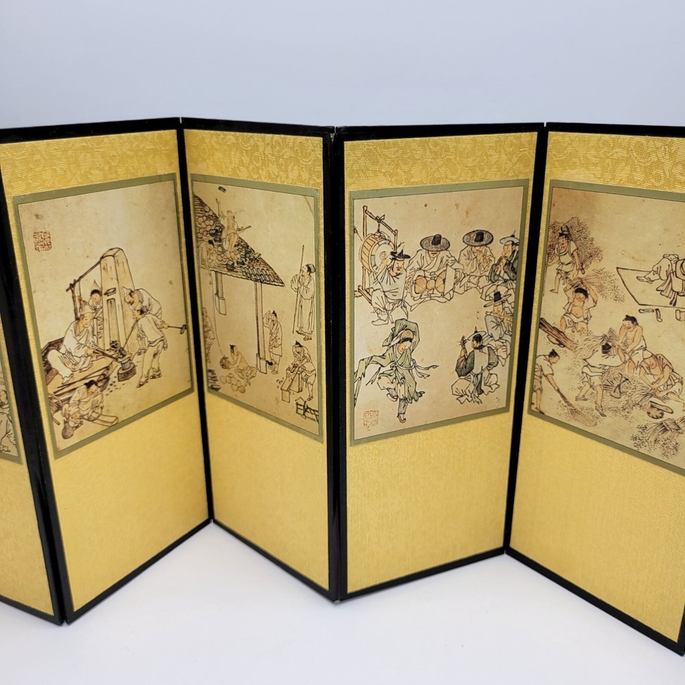 Vintage Folding Screen With Chinese Artwork Calligraphy Double Sided Panel Decor