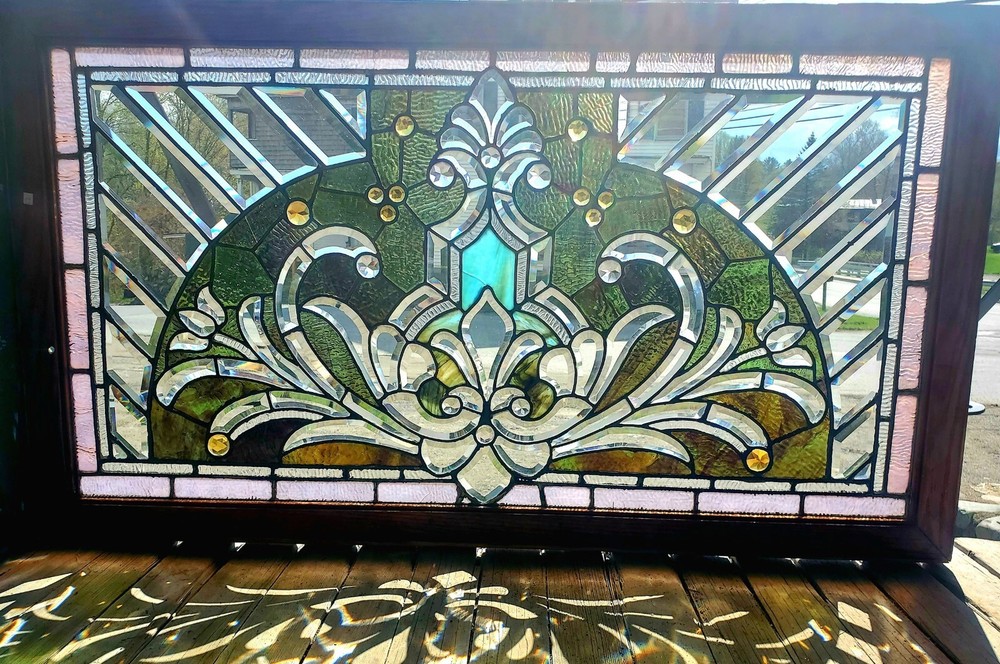 GREAT ANTIQUE STAINED BEVELED GLASS WINDOW