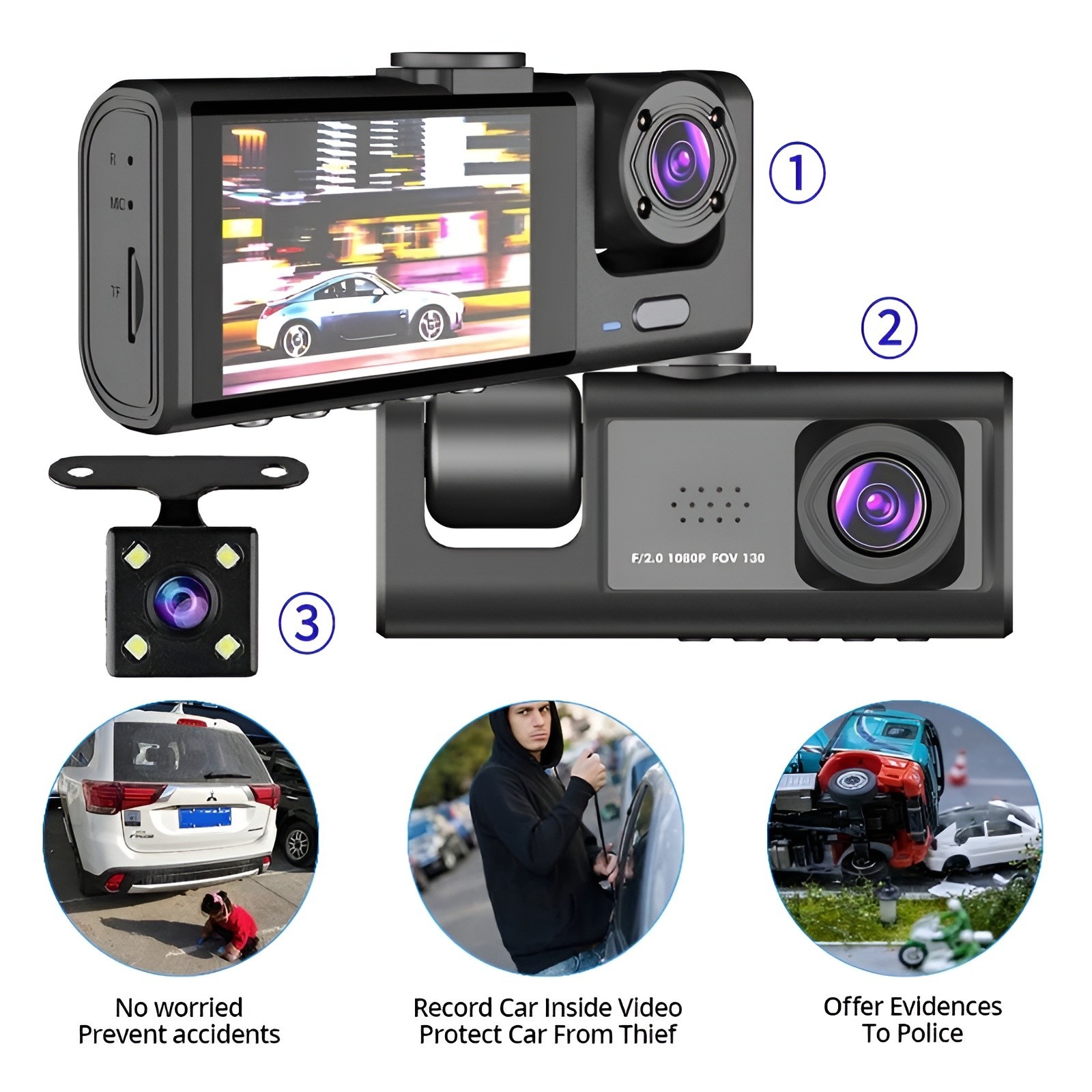 3 Lens Dash Cam Front Cabin Rear 1080P Night Vision, Parking Monitor, G-Sensor