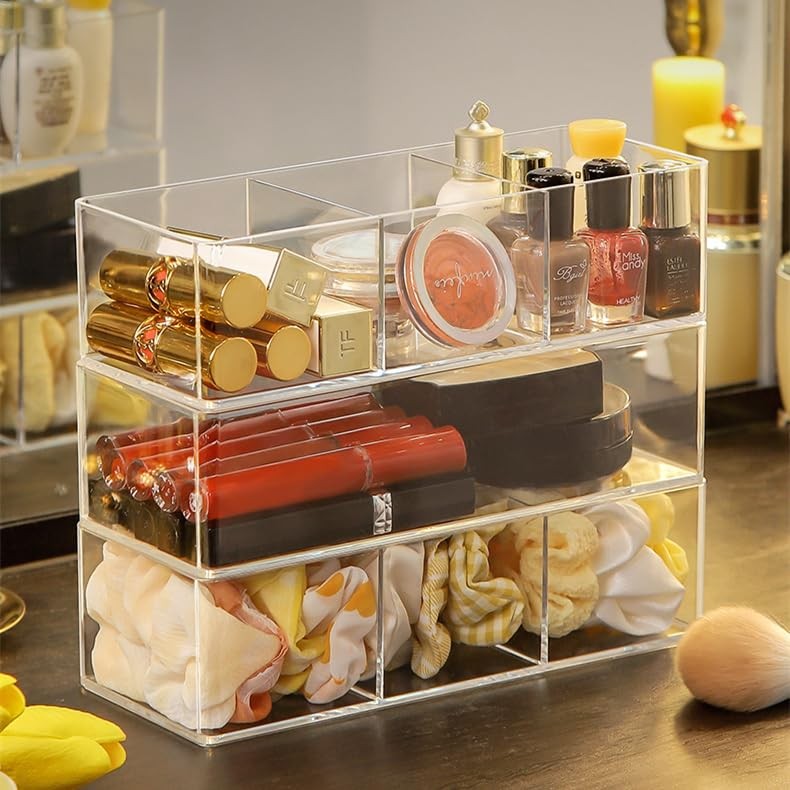 Stackable Clear Drawer Organizers Small Makeup Vanity Storage Bins Trays and ...