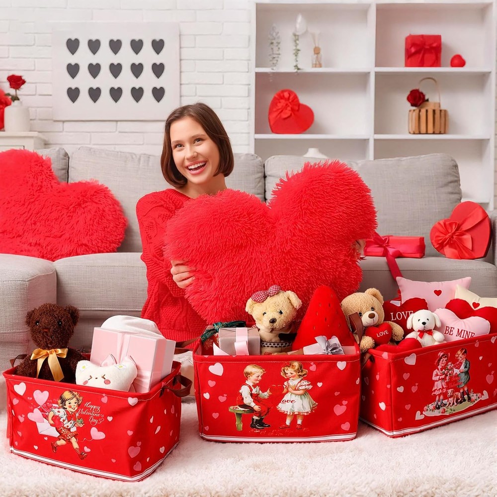 6 Pack Valentine's Day Storage Basket Collapsible Red