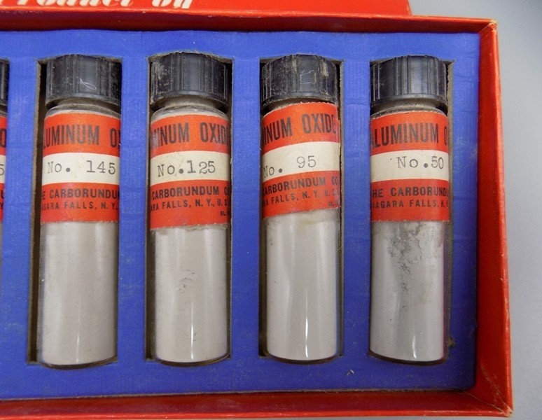 Carborundum Optical Finishing Powder Abrasive ALO Aluminum Oxide 8 Bottles Vtg