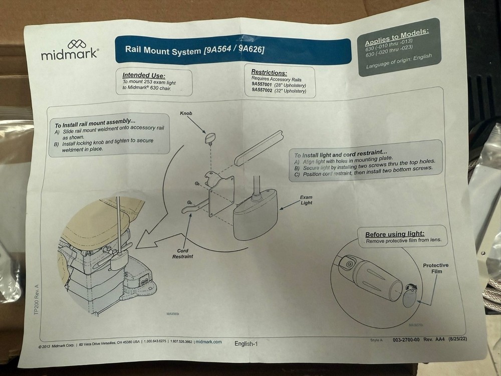 RAIL MOUNT, LED LIGHT ( Midmark 630)