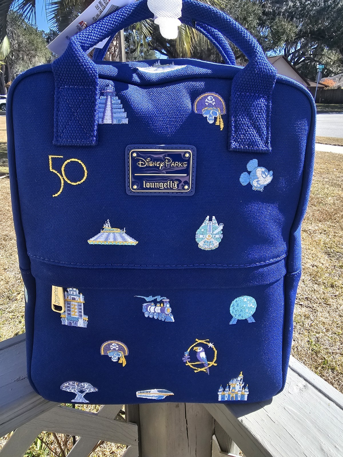 WDW 50th Anniversary Blue Canvas Loungefly Mini Backpack Walt Disney World Parks