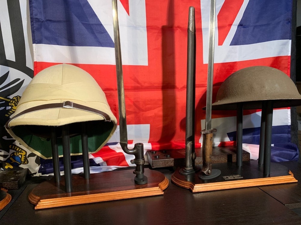 Combination Helmet/Bayonet Display Stand. Customized with Scabbards/Nameplates