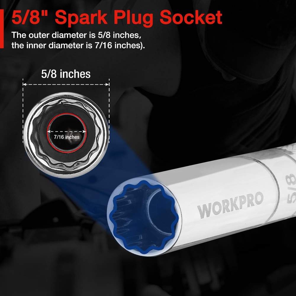 WORKPRO 5/8" Magnetic Spark Plug Socket with Design, 5/8"×4", Silver