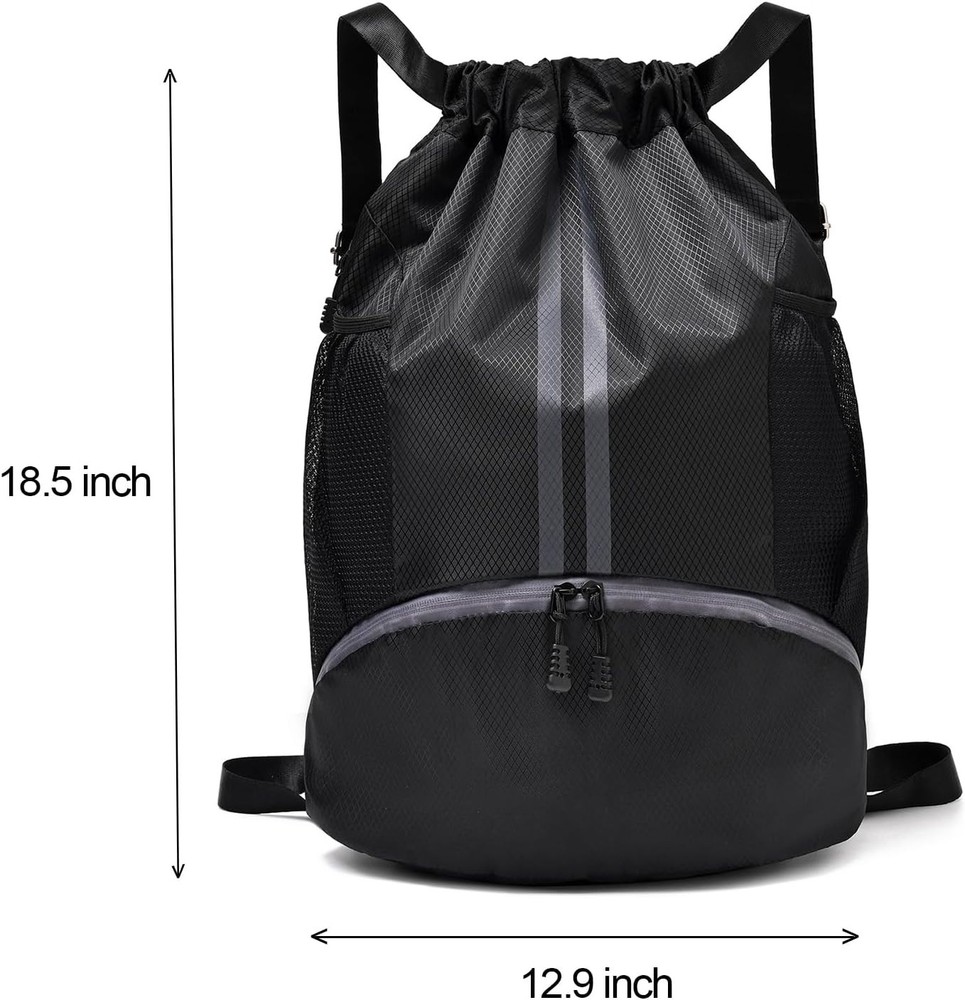 Black Drawstring Gym Bag, Waterproof Backpack with Shoes Compartment