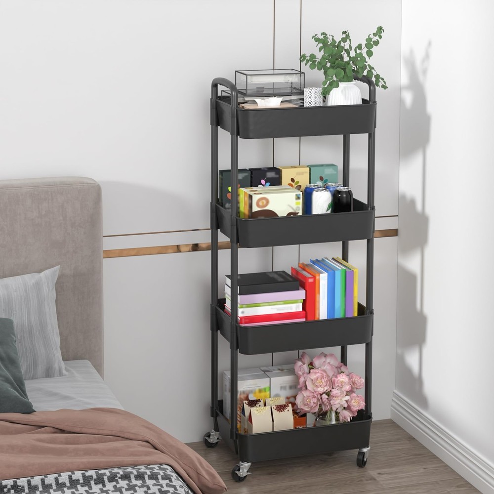 4-Tier Plastic Rolling Utility Cart with Handle Multi-Functional Storage Trolley
